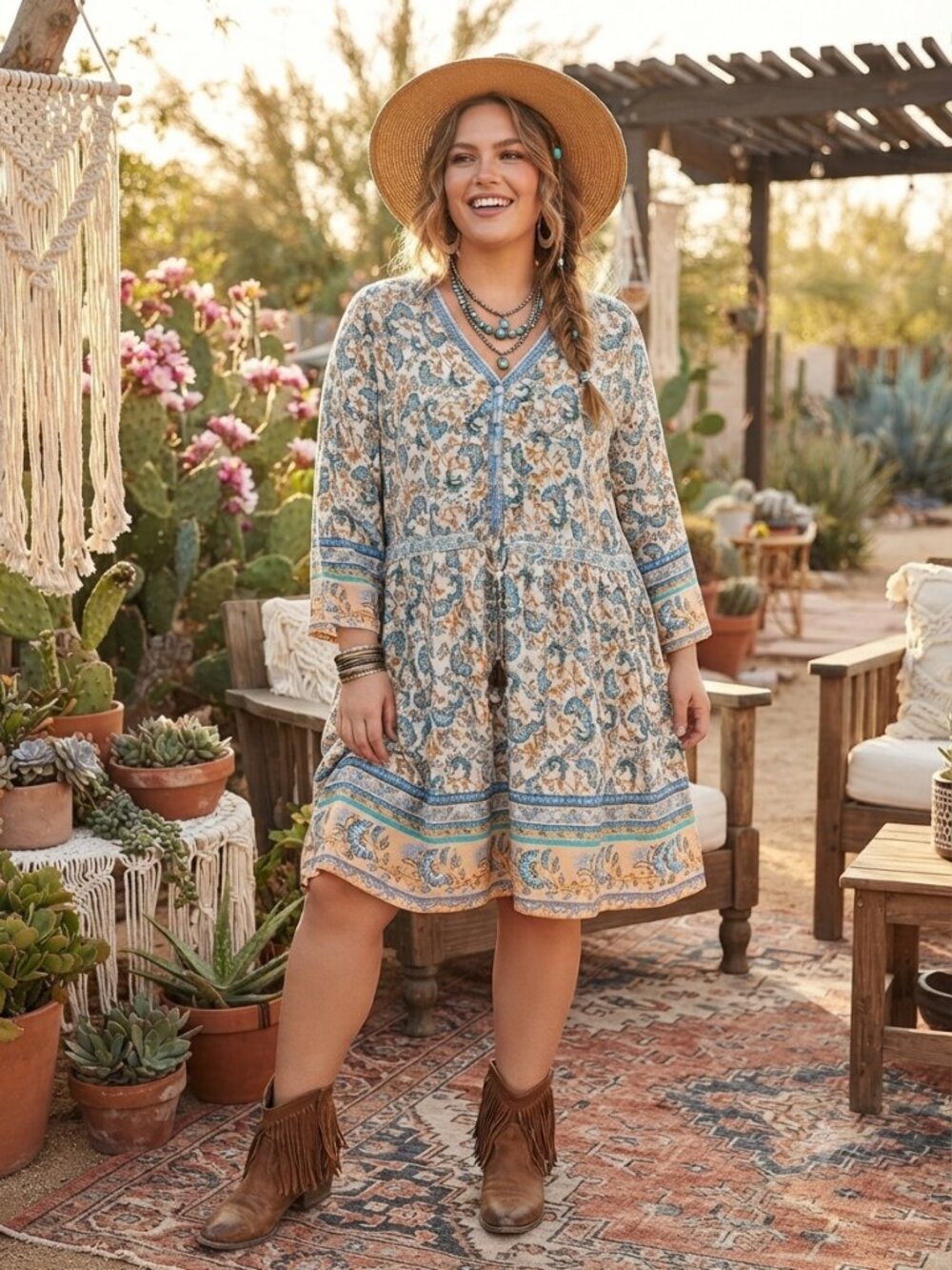 NorthStyle Boho Cottagecore Paisley Tunic Dress S2X V-Neck Drawstring Blue